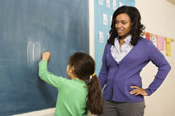A teacher helping a student with an assignment